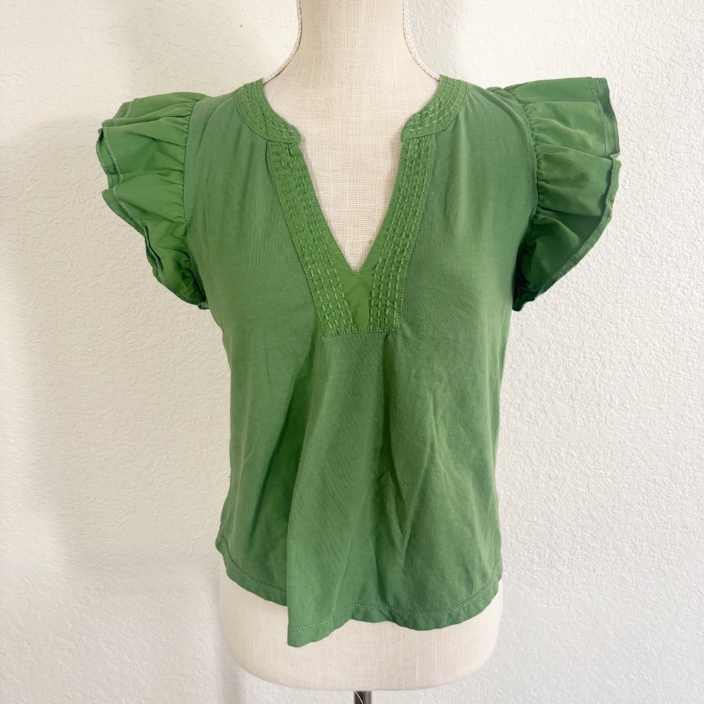 Anthropologie Green Ruffle Sleeve Top - Picture 2 of 9